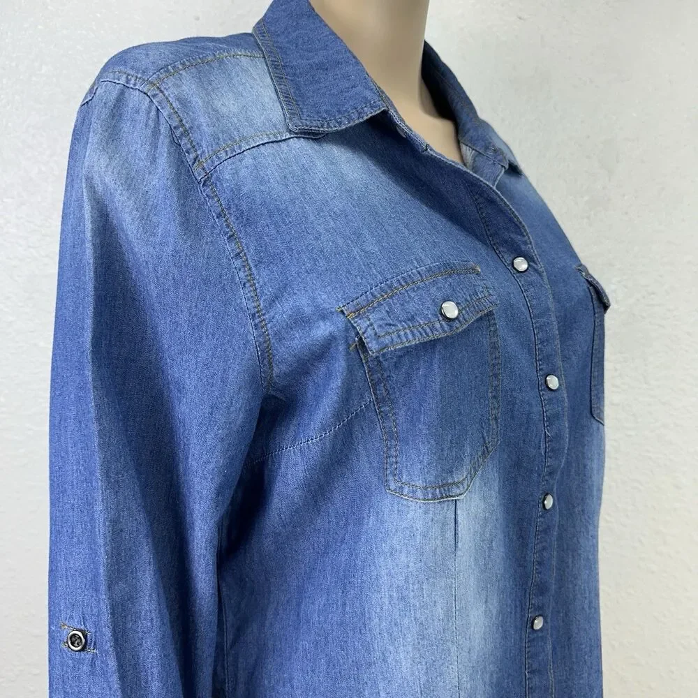 Cavalini Denim Collection Top XLarge, 3/4 Roll Tab Sleeve Shirt Blue Cowgirl - Picture 7 of 9